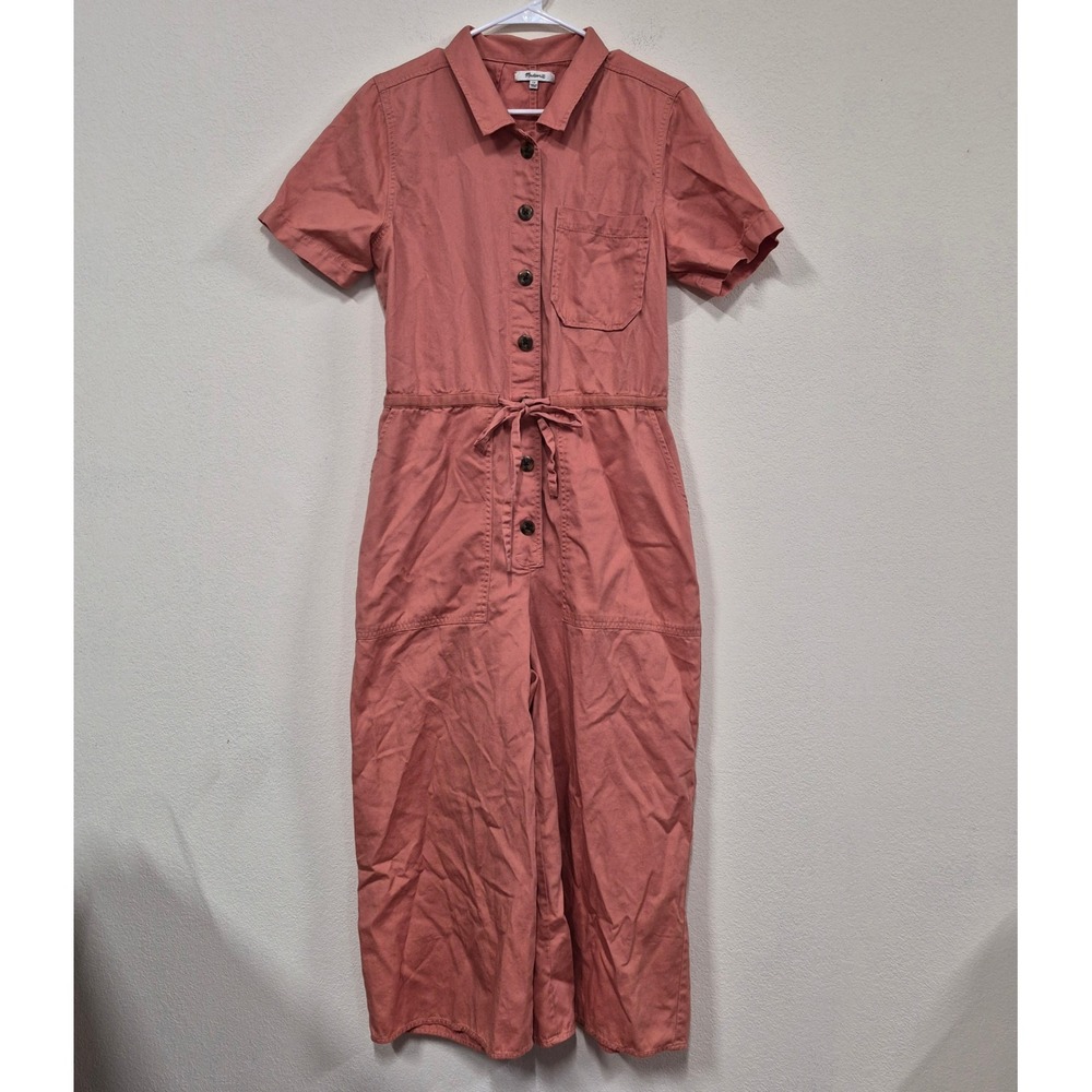 Madewell Utility Jumpsuit 12 Coral Pink Cotton Wide Leg Button Front Tie Waist